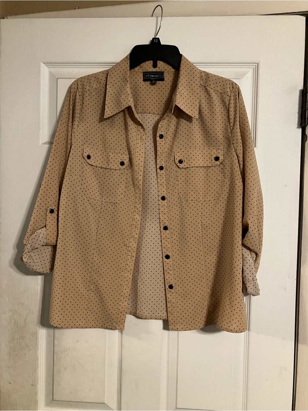 Beige Polka Dot Button Down Shirt Roll Tab Sleeve M Elementz